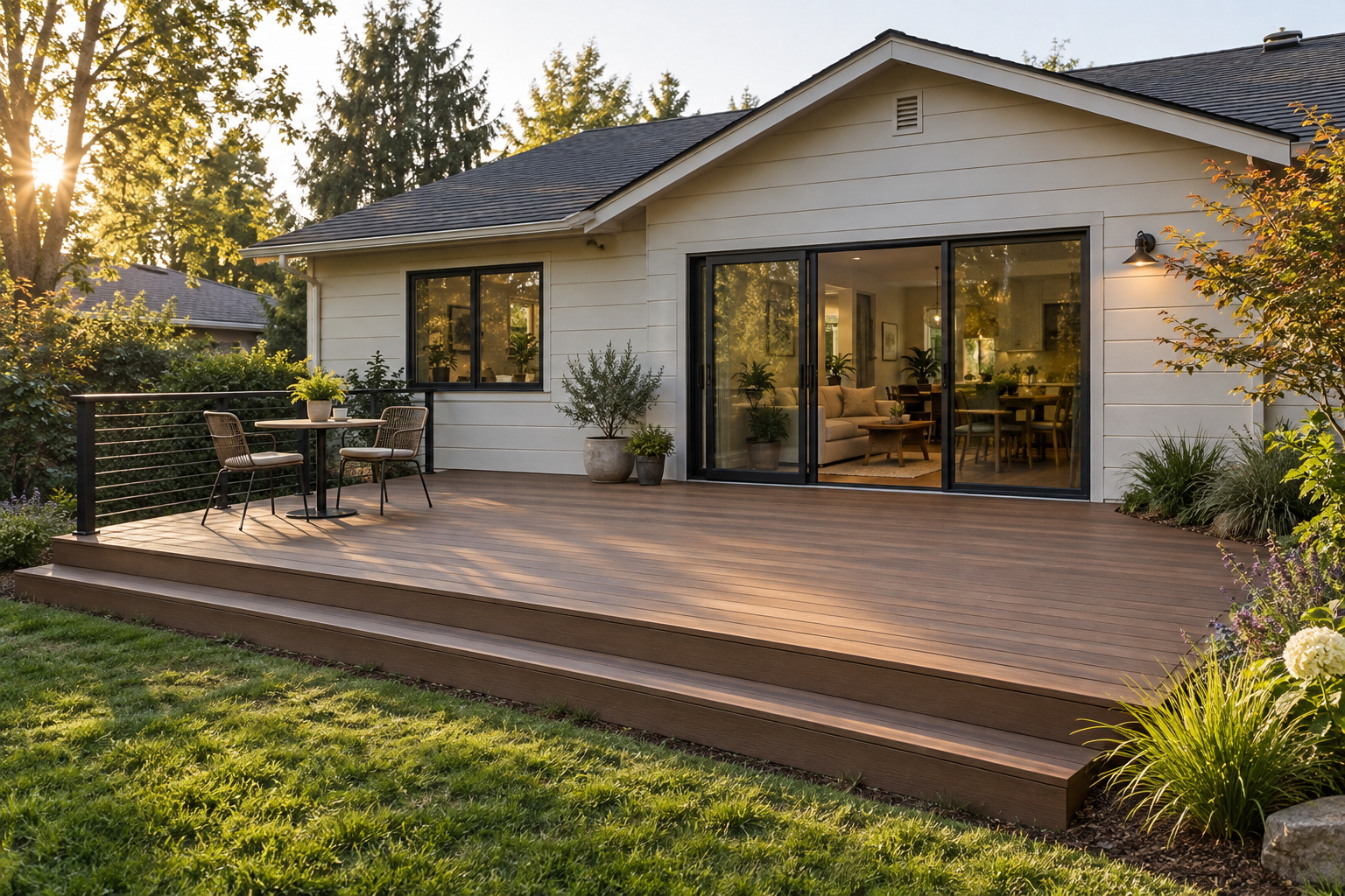 Deck concept with wide steps, warm boards and space for dinner outside